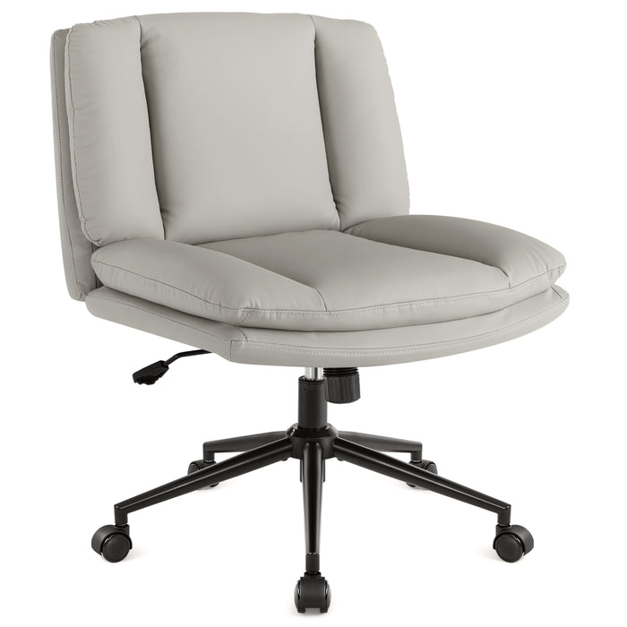 intimate wm heart Gray Armless Office Desk Chair with Wheels Faux Leather Cross Legged Wide Seat Office Chair with Double Thickened Padding Height Adjustable Ergonomic Swivel Vanity Chairs