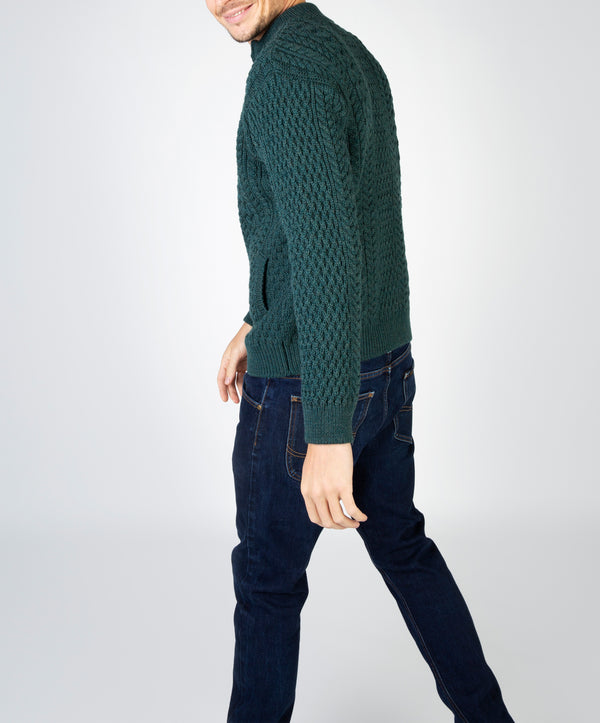 Irelands Eye Aran Textured Zipped Cardigan Evergreen