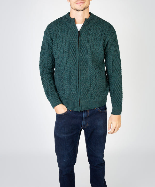 irelands eye Aran Textured Zipped Cardigan Evergreen