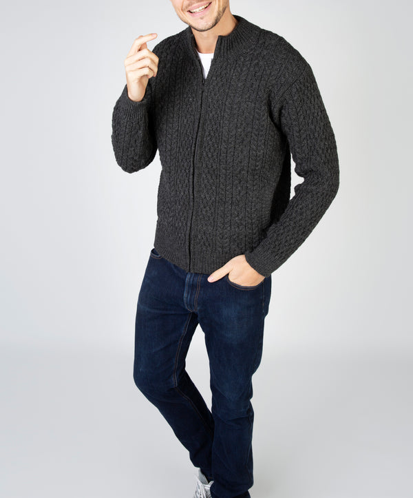 Irelands Eye Aran Textured Zipped Cardigan Graphite