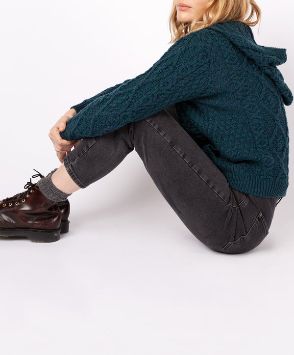 Irelands Eye Ash Aran Zipped Hooded Jacket Atlantic Blue