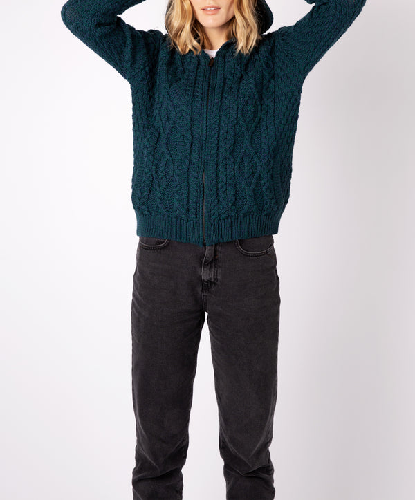 Irelands Eye Ash Aran Zipped Hooded Jacket Atlantic Blue