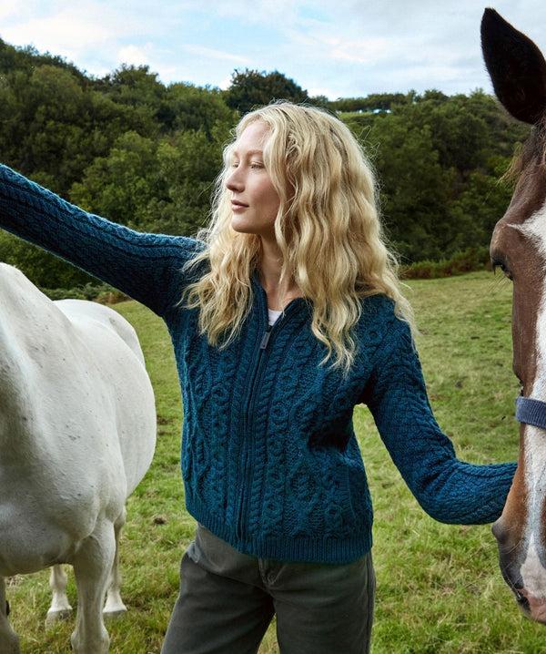 Irelands Eye Ash Aran Zipped Hooded Jacket Atlantic Blue