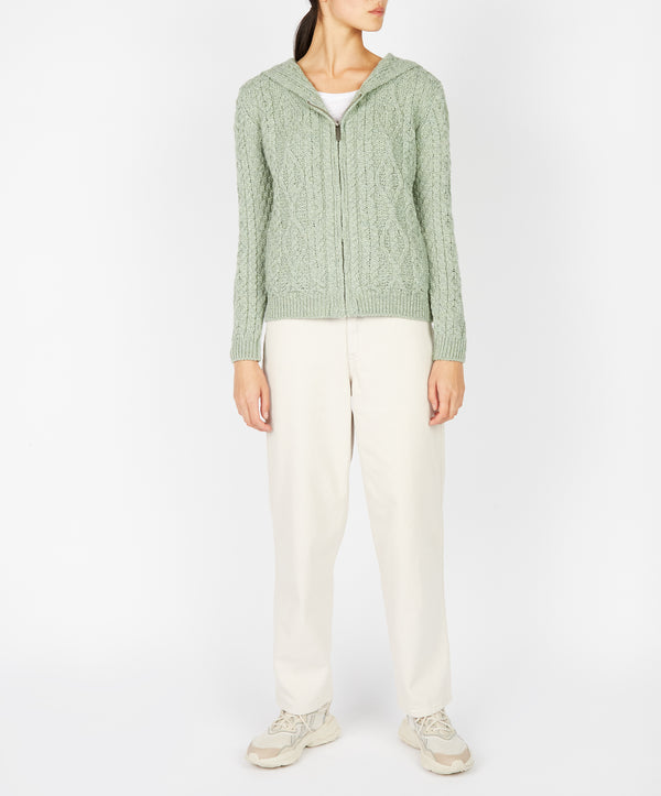 Irelands Eye Ash Aran Zipped Hooded Jacket Sage Marl