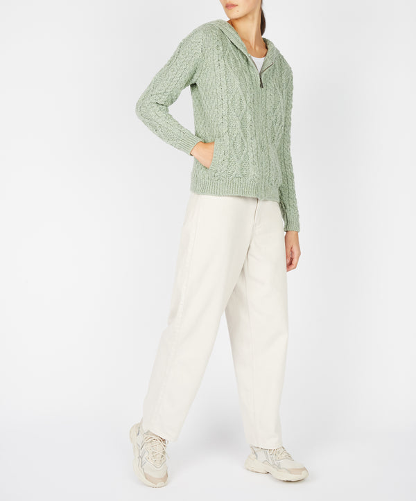 irelands eye Ash Aran Zipped Hooded Jacket Sage Marl