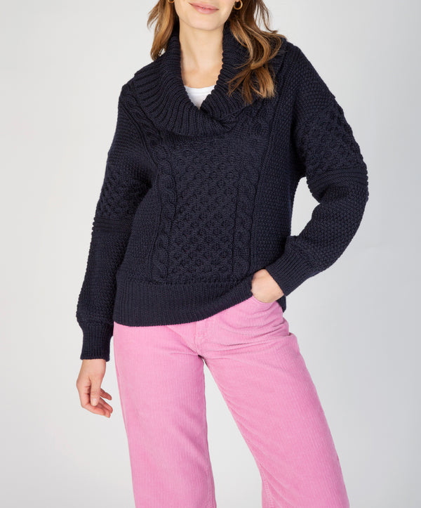 Irelands Eye Aster Shawl Collar Oversized Sweater Navy