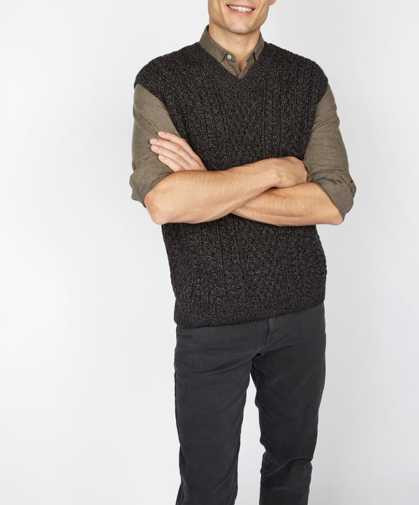 Irelands Eye Birch Mens Aran V Neck Vest Anthracite