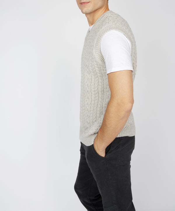 Irelands Eye Birch Mens Aran V Neck Vest Silver Marl