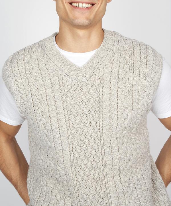 Irelands Eye Birch Mens Aran V Neck Vest Silver Marl