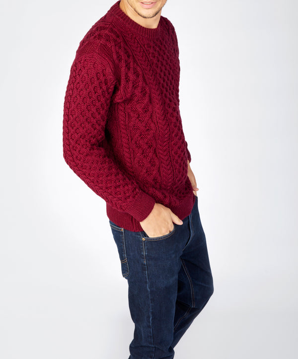 Irelands Eye Blasket Honeycomb Stitch Mens Aran Sweater Claret