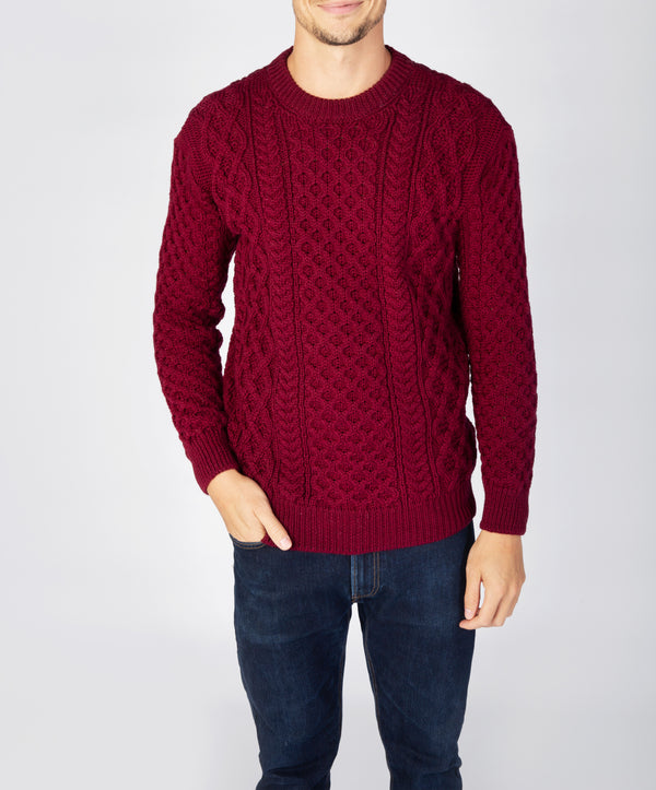 irelands eye Blasket Honeycomb Stitch Mens Aran Sweater Claret