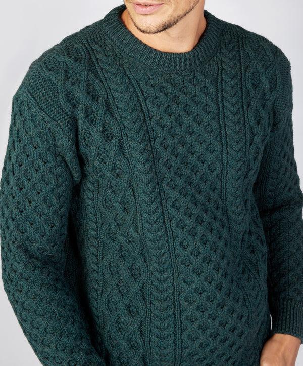 Irelands Eye Blasket Honeycomb Stitch Mens Aran Sweater Evergreen