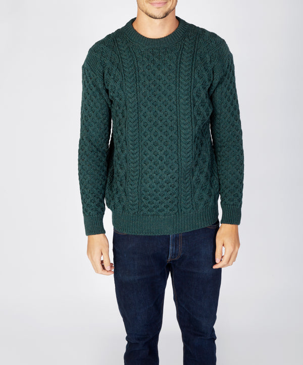 irelands eye Blasket Honeycomb Stitch Mens Aran Sweater Evergreen