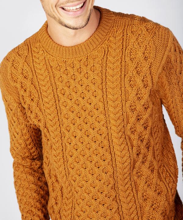 Irelands Eye Blasket Honeycomb Stitch Mens Aran Sweater Golden Ochre