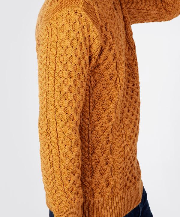 Irelands Eye Blasket Honeycomb Stitch Mens Aran Sweater Golden Ochre