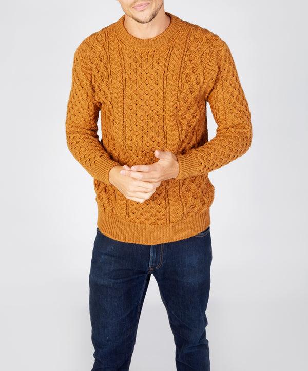 irelands eye Blasket Honeycomb Stitch Mens Aran Sweater Golden Ochre