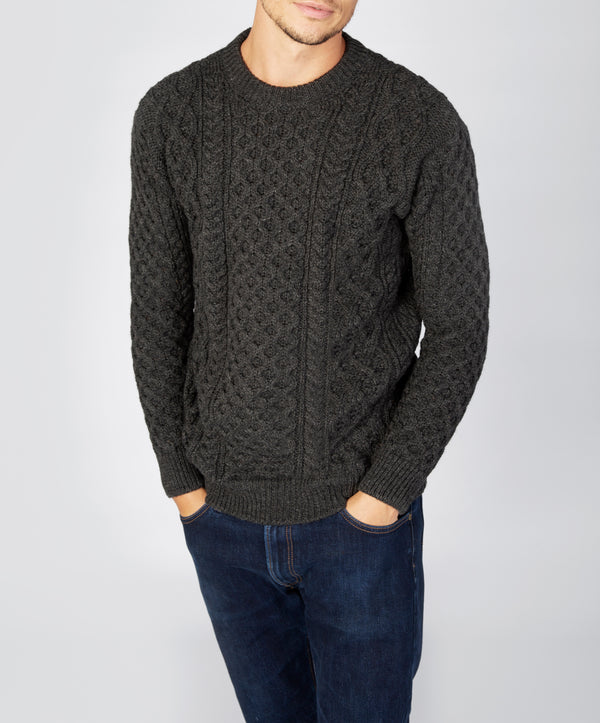 irelands eye Blasket Honeycomb Stitch Mens Aran Sweater Graphite