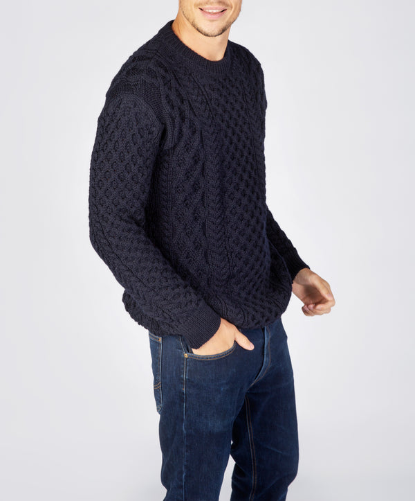 Irelands Eye Blasket Honeycomb Stitch Mens Aran Sweater Navy