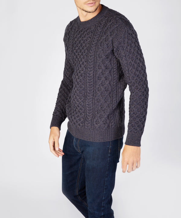 Irelands Eye Blasket Honeycomb Stitch Mens Aran Sweater Navy Marl