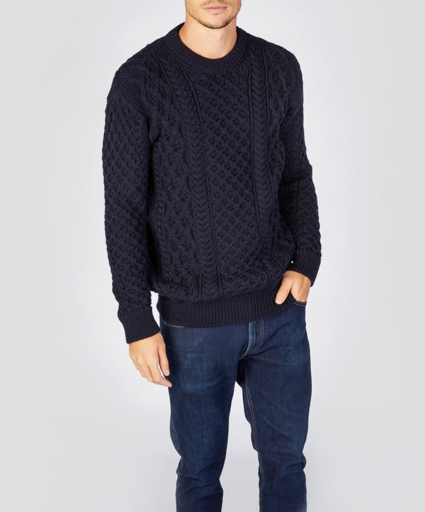 irelands eye Blasket Honeycomb Stitch Mens Aran Sweater Navy