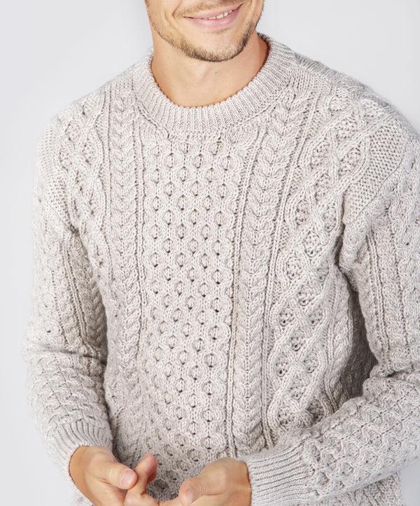Irelands Eye Blasket Honeycomb Stitch Mens Aran Sweater Silver Marl