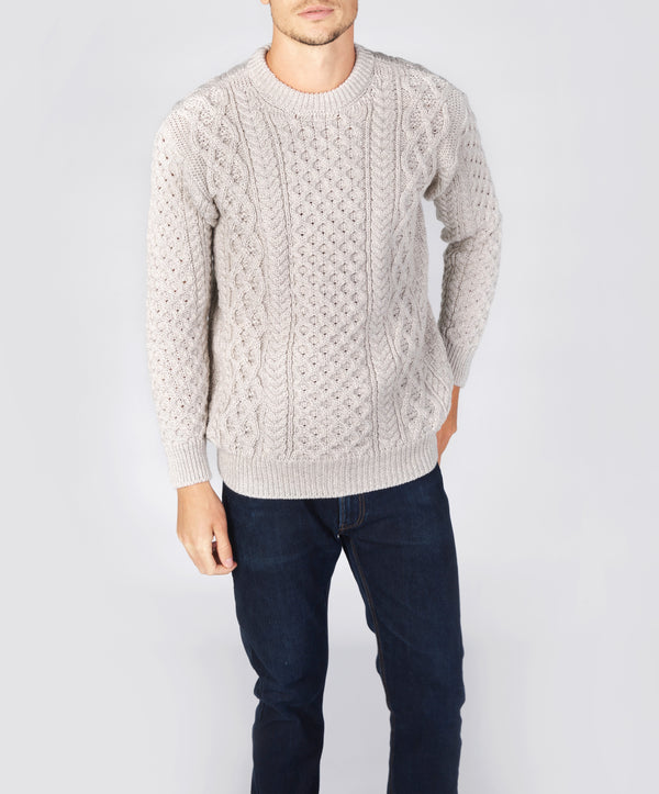 irelands eye Blasket Honeycomb Stitch Mens Aran Sweater Silver Marl