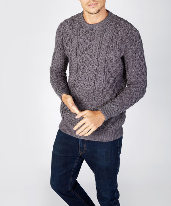 irelands eye Blasket Honeycomb Stitch Mens Aran Sweater Steel Marl