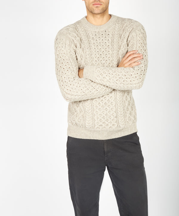 irelands eye Blasket Honeycomb Stitch Mens Aran Sweater Stone Marl