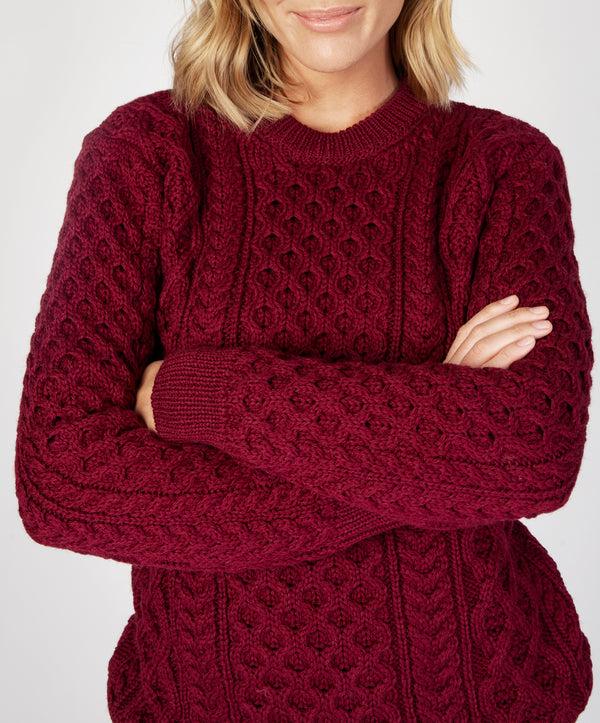 Irelands Eye Blasket Honeycomb Stitch Womens Aran Sweater Claret