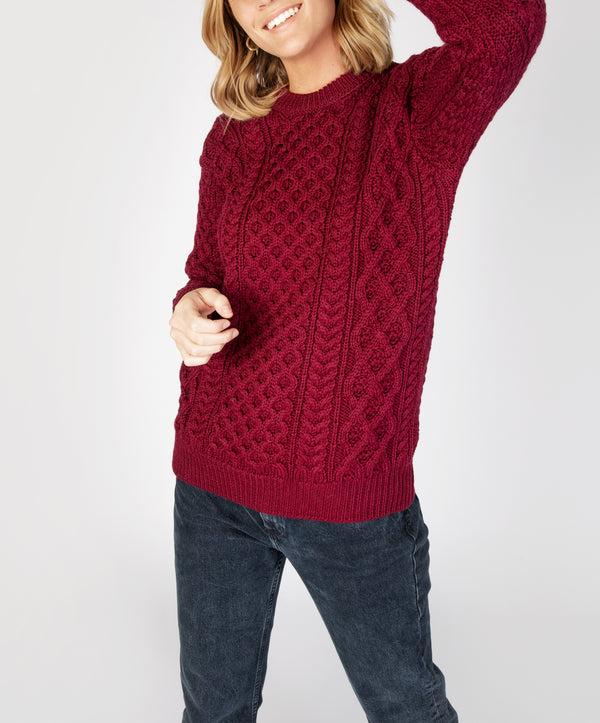 Irelands Eye Blasket Honeycomb Stitch Womens Aran Sweater Claret