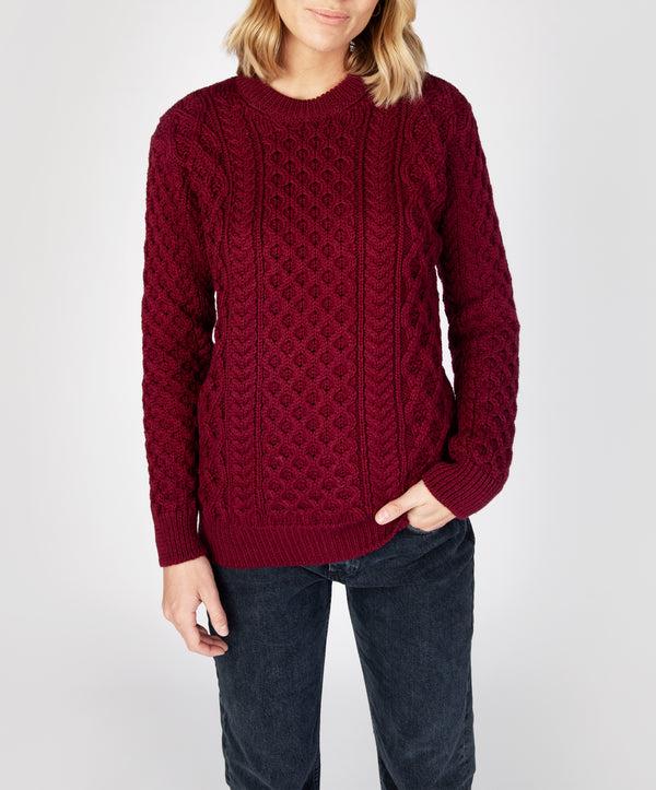 irelands eye Blasket Honeycomb Stitch Womens Aran Sweater Claret