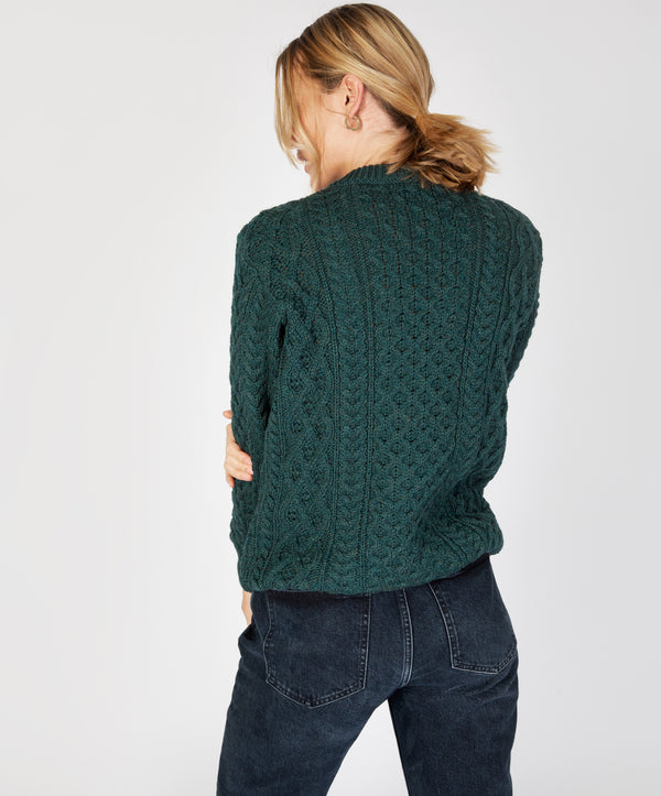 Irelands Eye Blasket Honeycomb Stitch Womens Aran Sweater Evergreen