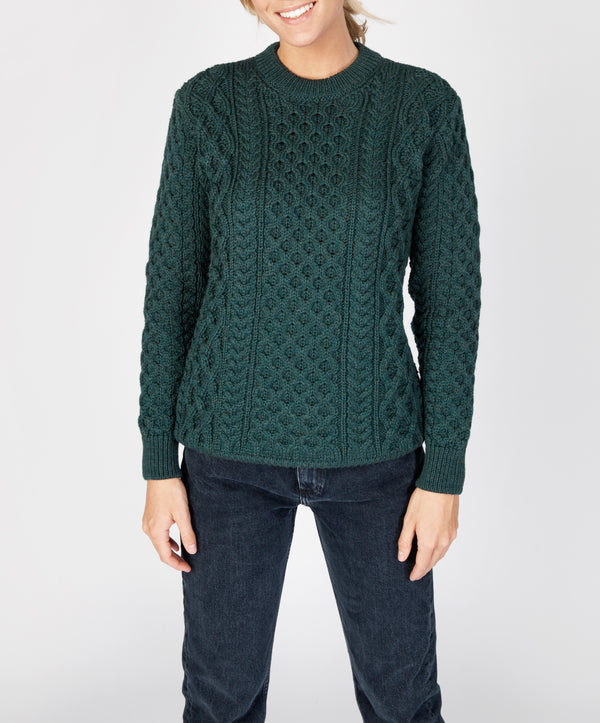 irelands eye Blasket Honeycomb Stitch Womens Aran Sweater Evergreen
