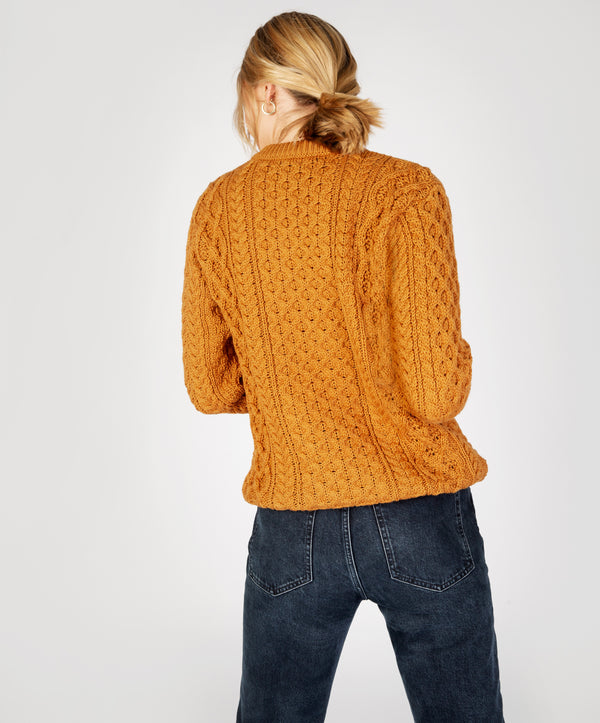 Irelands Eye Blasket Honeycomb Stitch Womens Aran Sweater Golden Ochre