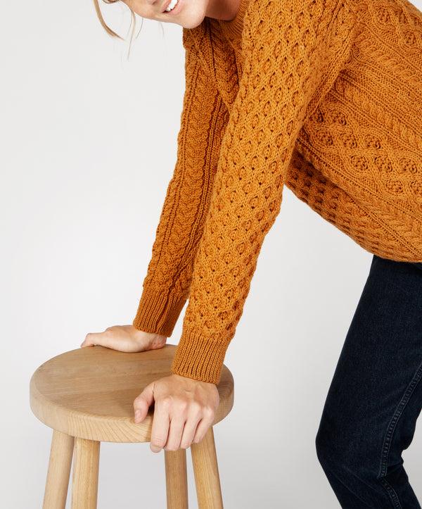 Irelands Eye Blasket Honeycomb Stitch Womens Aran Sweater Golden Ochre