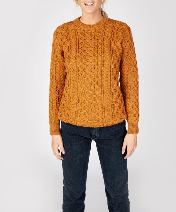 irelands eye Blasket Honeycomb Stitch Womens Aran Sweater Golden Ochre