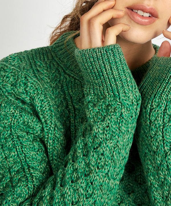 Irelands Eye Blasket Honeycomb Stitch Womens Aran Sweater Green Marl