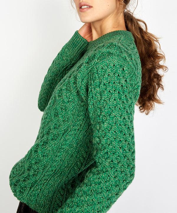 Irelands Eye Blasket Honeycomb Stitch Womens Aran Sweater Green Marl