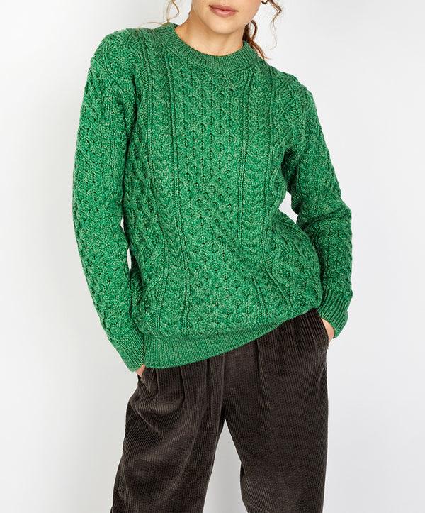irelands eye Blasket Honeycomb Stitch Womens Aran Sweater Green Marl