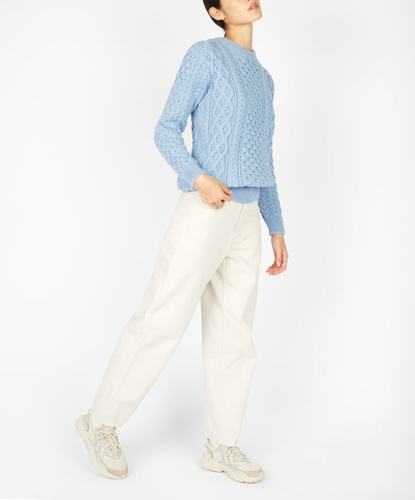 Irelands Eye Blasket Honeycomb Stitch Womens Aran Sweater Morning Sky