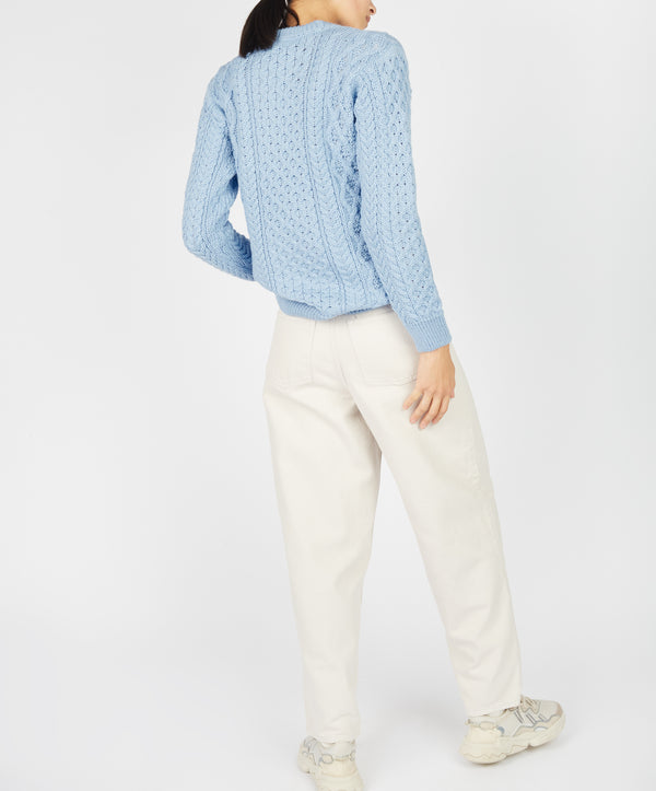 Irelands Eye Blasket Honeycomb Stitch Womens Aran Sweater Morning Sky