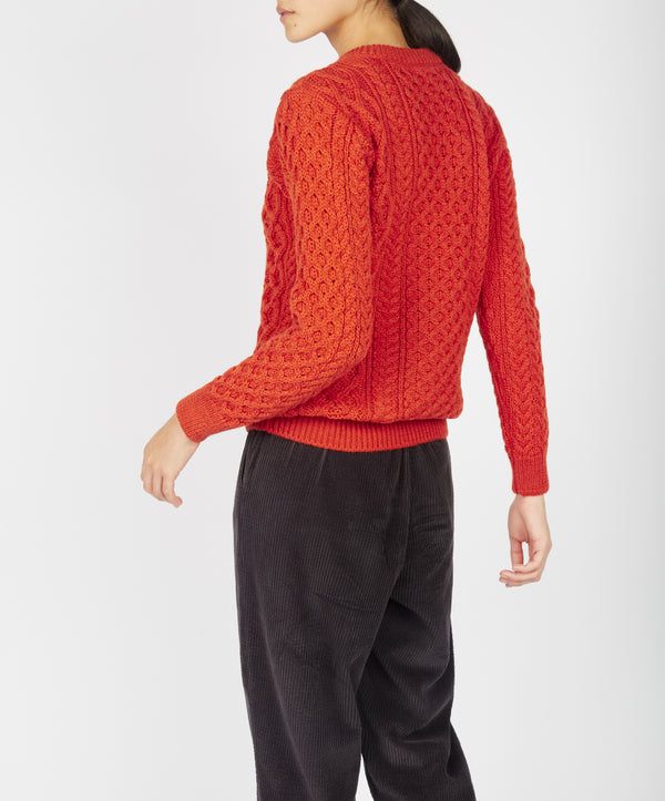 Irelands Eye Blasket Honeycomb Stitch Womens Aran Sweater Orange Marl