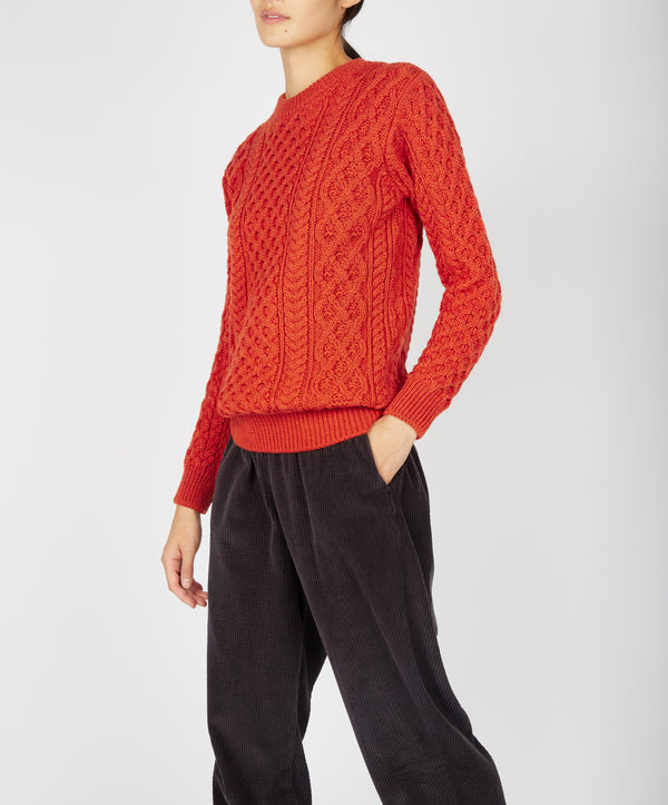 irelands eye Blasket Honeycomb Stitch Womens Aran Sweater Orange Marl