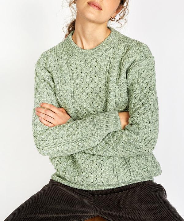 Irelands Eye Blasket Honeycomb Stitch Womens Aran Sweater Sage Marl