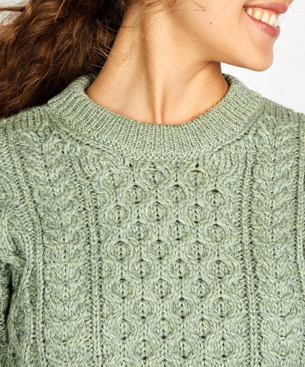 Irelands Eye Blasket Honeycomb Stitch Womens Aran Sweater Sage Marl