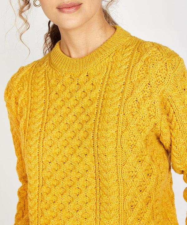 Irelands Eye Blasket Honeycomb Stitch Womens Aran Sweater Sunflower