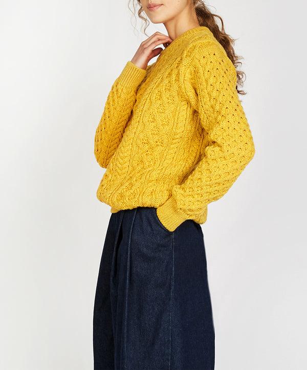 Irelands Eye Blasket Honeycomb Stitch Womens Aran Sweater Sunflower