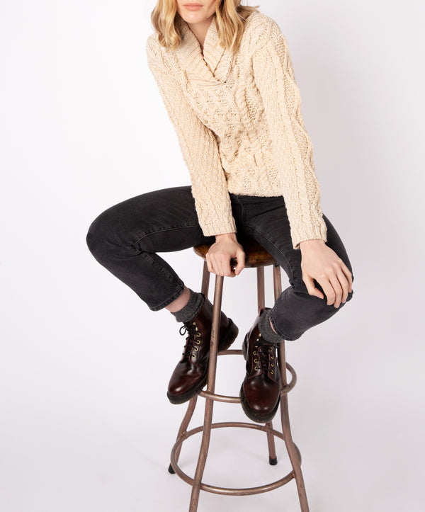 Irelands Eye Bramble Aran Shawl Collar Sweater Oatmeal Marl