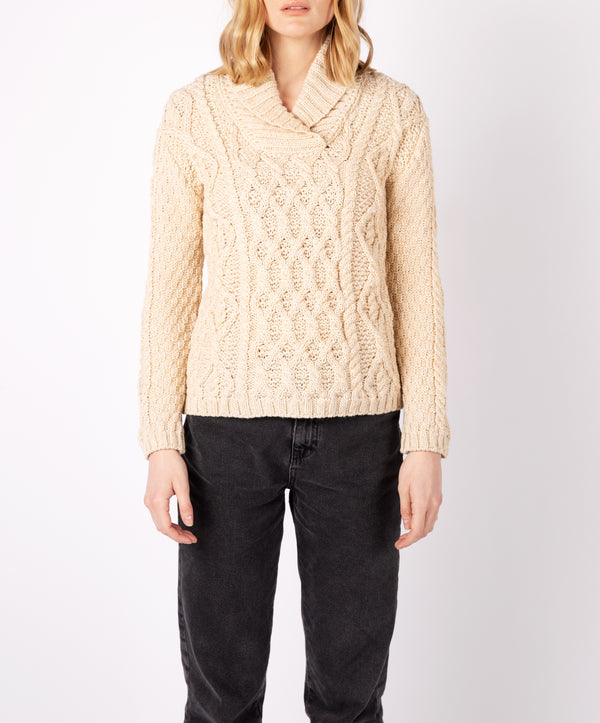 irelands eye Bramble Aran Shawl Collar Sweater Oatmeal Marl