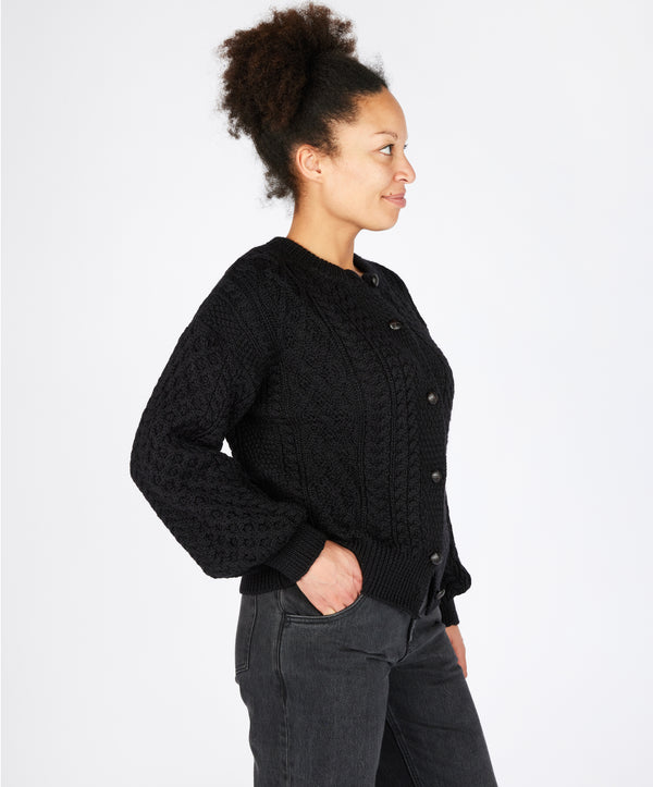 Irelands Eye Clover Cropped Aran Cardigan Dark Night